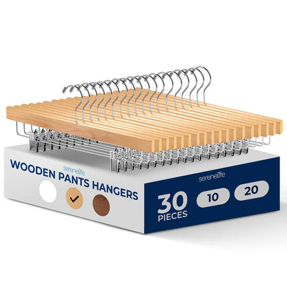 30 Pack Wooden Pants Hangers - Non-Slip Clips, Swivel Hook, Natural Wood