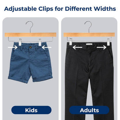 30 Pack Wooden Pants Hangers - Non-Slip Clips, Swivel Hook, Natural Wood