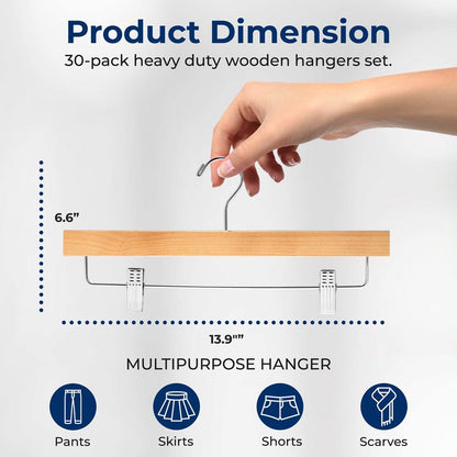 30 Pack Wooden Pants Hangers - Non-Slip Clips, Swivel Hook, Natural Wood