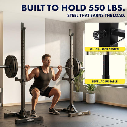 Squatz Barbell And Bench Press Rack - Heavy-Duty Adjustable Barbell And Bench Press Rack Stand With Multi-Height Settings For Home Gym Strength Training And Weightlifting Workouts