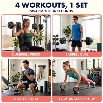 Squatz 4-In-1 Multifunctional 45 Lbs Adjustable Octagon Dumbbell Set With Barbell Connector, Kettlebell Handle, And Push-Up Handles For Home Gym Strength Training (Black)