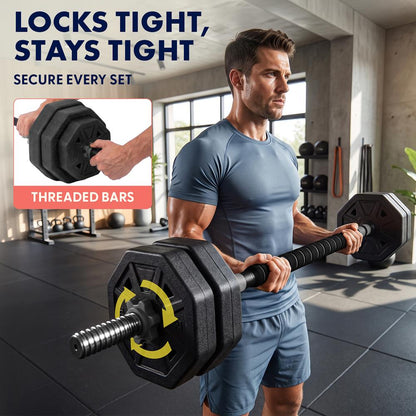 Squatz 4-In-1 Multifunctional 45 Lbs Adjustable Octagon Dumbbell Set With Barbell Connector, Kettlebell Handle, And Push-Up Handles For Home Gym Strength Training (Black)