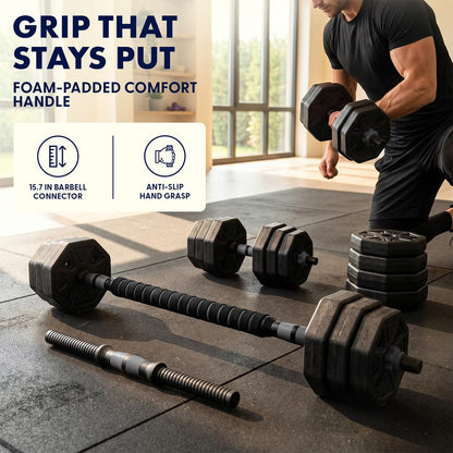 Squatz 4-In-1 Multifunctional 45 Lbs Adjustable Octagon Dumbbell Set With Barbell Connector, Kettlebell Handle, And Push-Up Handles For Home Gym Strength Training (Black)