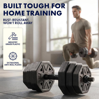 Squatz 4-In-1 Multifunctional 45 Lbs Adjustable Octagon Dumbbell Set With Barbell Connector, Kettlebell Handle, And Push-Up Handles For Home Gym Strength Training (Black)