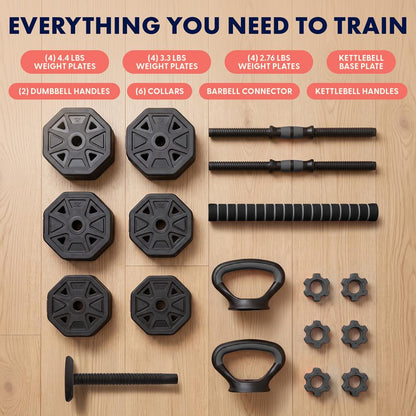 Squatz 4-In-1 Multifunctional 45 Lbs Adjustable Octagon Dumbbell Set With Barbell Connector, Kettlebell Handle, And Push-Up Handles For Home Gym Strength Training (Black)