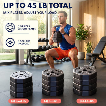 Squatz 4-In-1 Multifunctional 45 Lbs Adjustable Octagon Dumbbell Set With Barbell Connector, Kettlebell Handle, And Push-Up Handles For Home Gym Strength Training (Black And Navy)