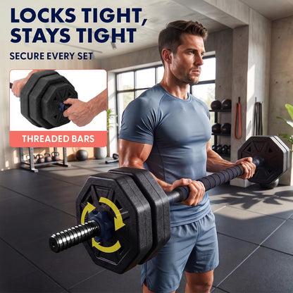 Squatz 4-In-1 Multifunctional 45 Lbs Adjustable Octagon Dumbbell Set With Barbell Connector, Kettlebell Handle, And Push-Up Handles For Home Gym Strength Training (Black And Navy)