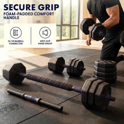 Squatz 4-In-1 Multifunctional 45 Lbs Adjustable Octagon Dumbbell Set With Barbell Connector, Kettlebell Handle, And Push-Up Handles For Home Gym Strength Training (Black And Navy)