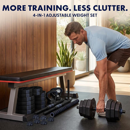 Squatz 4-In-1 Multifunctional 45 Lbs Adjustable Octagon Dumbbell Set With Barbell Connector, Kettlebell Handle, And Push-Up Handles For Home Gym Strength Training (Black And Navy)