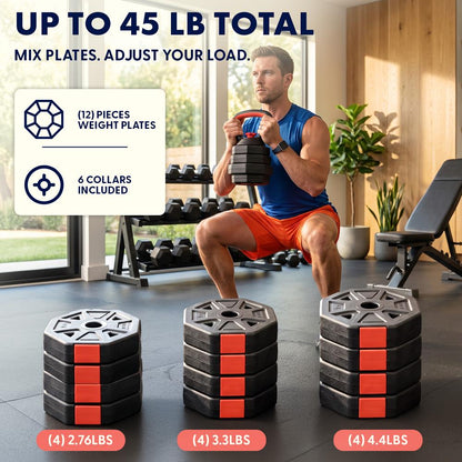 Squatz 4-In-1 Multifunctional 45 Lbs Adjustable Octagon Dumbbell Set With Barbell Connector, Kettlebell Handle, And Push-Up Handles For Home Gym Strength Training (Black And Red)
