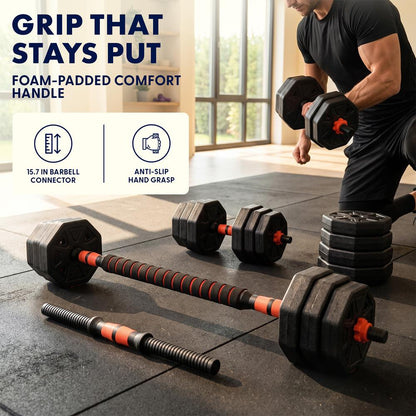 Squatz 4-In-1 Multifunctional 45 Lbs Adjustable Octagon Dumbbell Set With Barbell Connector, Kettlebell Handle, And Push-Up Handles For Home Gym Strength Training (Black And Red)