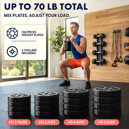 Squatz 4-In-1 Multifunctional 70 Lb Adjustable Octagon Dumbbell Set With Barbell Connector, Kettlebell Handle, And Push-Up Handles For Home Gym Strength Training (Black)