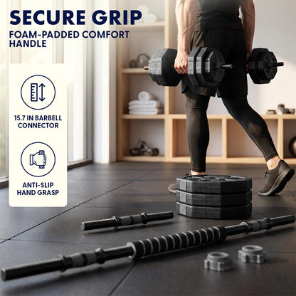 Squatz 4-In-1 Multifunctional 70 Lb Adjustable Octagon Dumbbell Set With Barbell Connector, Kettlebell Handle, And Push-Up Handles For Home Gym Strength Training (Black)