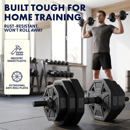 Squatz 4-In-1 Multifunctional 70 Lb Adjustable Octagon Dumbbell Set With Barbell Connector, Kettlebell Handle, And Push-Up Handles For Home Gym Strength Training (Black)