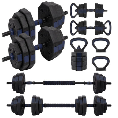 Squatz 4-In-1 Multifunctional 70 Lb Adjustable Octagon Dumbbell Set With Barbell Connector, Kettlebell Handle, And Push-Up Handles For Home Gym Strength Training (Black And Navy)