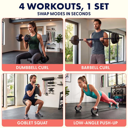 Squatz 4-In-1 Multifunctional 70 Lb Adjustable Octagon Dumbbell Set With Barbell Connector, Kettlebell Handle, And Push-Up Handles For Home Gym Strength Training (Black And Navy)