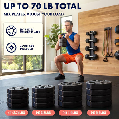 Squatz 4-In-1 Multifunctional 70 Lb Adjustable Octagon Dumbbell Set With Barbell Connector, Kettlebell Handle, And Push-Up Handles For Home Gym Strength Training (Black And Navy)