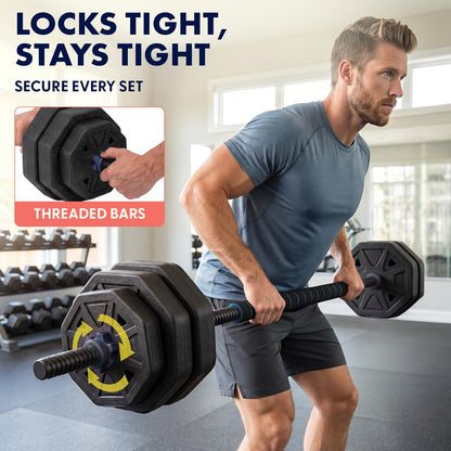 Squatz 4-In-1 Multifunctional 70 Lb Adjustable Octagon Dumbbell Set With Barbell Connector, Kettlebell Handle, And Push-Up Handles For Home Gym Strength Training (Black And Navy)