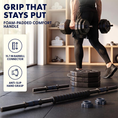 Squatz 4-In-1 Multifunctional 70 Lb Adjustable Octagon Dumbbell Set With Barbell Connector, Kettlebell Handle, And Push-Up Handles For Home Gym Strength Training (Black And Navy)