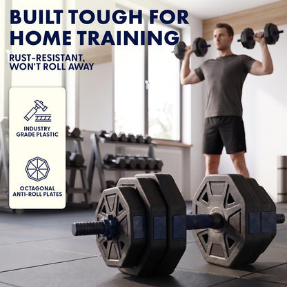 Squatz 4-In-1 Multifunctional 70 Lb Adjustable Octagon Dumbbell Set With Barbell Connector, Kettlebell Handle, And Push-Up Handles For Home Gym Strength Training (Black And Navy)