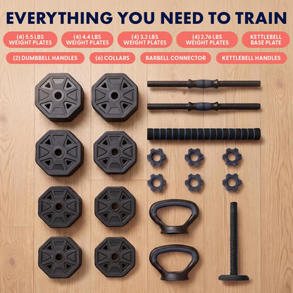 Squatz 4-In-1 Multifunctional 70 Lb Adjustable Octagon Dumbbell Set With Barbell Connector, Kettlebell Handle, And Push-Up Handles For Home Gym Strength Training (Black And Navy)