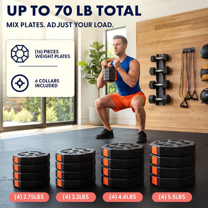 Squatz 4-In-1 Multifunctional 70 Lbs Adjustable Octagon Dumbbell Set With Barbell Connector, Kettlebell Handle, And Push-Up Handles For Home Gym Strength Training (Black And Red)