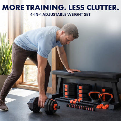 Squatz 4-In-1 Multifunctional 70 Lbs Adjustable Octagon Dumbbell Set With Barbell Connector, Kettlebell Handle, And Push-Up Handles For Home Gym Strength Training (Black And Red)