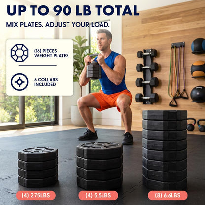 Squatz 4-In-1 Multifunctional 90 Lbs Adjustable Octagon Dumbbell Set With Barbell Connector, Kettlebell Handle, And Push-Up Handles For Home Gym Strength Training (Black)