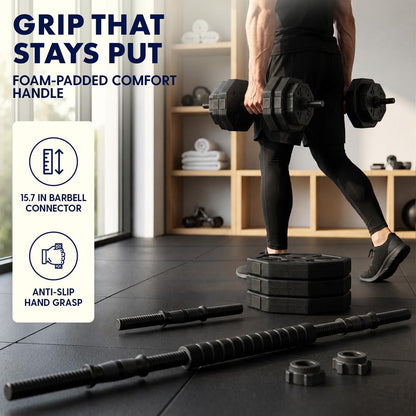 Squatz 4-In-1 Multifunctional 90 Lbs Adjustable Octagon Dumbbell Set With Barbell Connector, Kettlebell Handle, And Push-Up Handles For Home Gym Strength Training (Black)