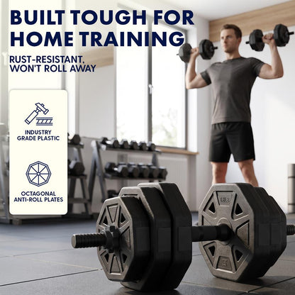 Squatz 4-In-1 Multifunctional 90 Lbs Adjustable Octagon Dumbbell Set With Barbell Connector, Kettlebell Handle, And Push-Up Handles For Home Gym Strength Training (Black)