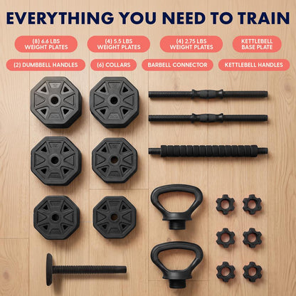 Squatz 4-In-1 Multifunctional 90 Lbs Adjustable Octagon Dumbbell Set With Barbell Connector, Kettlebell Handle, And Push-Up Handles For Home Gym Strength Training (Black)