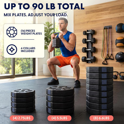 Squatz 4-In-1 Multifunctional 90 Lbs Adjustable Octagon Dumbbell Set With Barbell Connector, Kettlebell Handle, And Push-Up Handles For Home Gym Strength Training (Black And Navy)