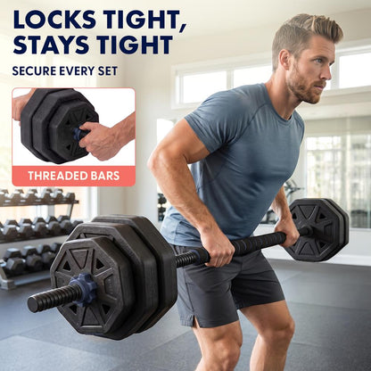 Squatz 4-In-1 Multifunctional 90 Lbs Adjustable Octagon Dumbbell Set With Barbell Connector, Kettlebell Handle, And Push-Up Handles For Home Gym Strength Training (Black And Navy)