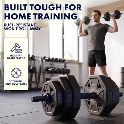 Squatz 4-In-1 Multifunctional 90 Lbs Adjustable Octagon Dumbbell Set With Barbell Connector, Kettlebell Handle, And Push-Up Handles For Home Gym Strength Training (Black And Navy)