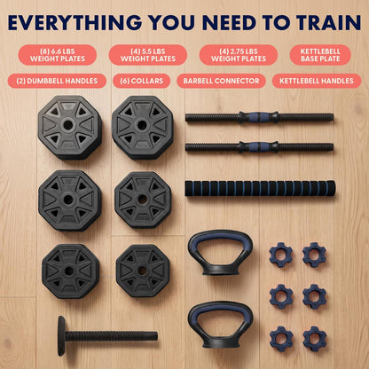 Squatz 4-In-1 Multifunctional 90 Lbs Adjustable Octagon Dumbbell Set With Barbell Connector, Kettlebell Handle, And Push-Up Handles For Home Gym Strength Training (Black And Navy)