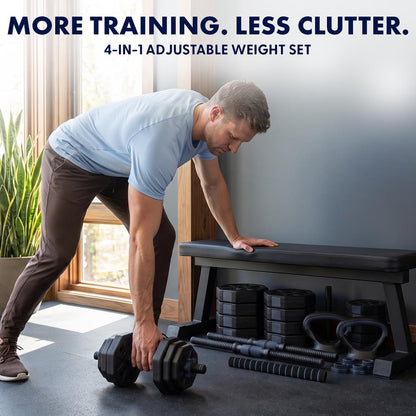 Squatz 4-In-1 Multifunctional 90 Lbs Adjustable Octagon Dumbbell Set With Barbell Connector, Kettlebell Handle, And Push-Up Handles For Home Gym Strength Training (Black And Navy)