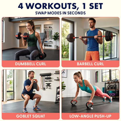 Squatz 4-In-1 Multifunctional 90 Lbs Adjustable Octagon Dumbbell Set With Barbell Connector, Kettlebell Handle, And Push-Up Handles For Home Gym Strength Training (Black And Red)