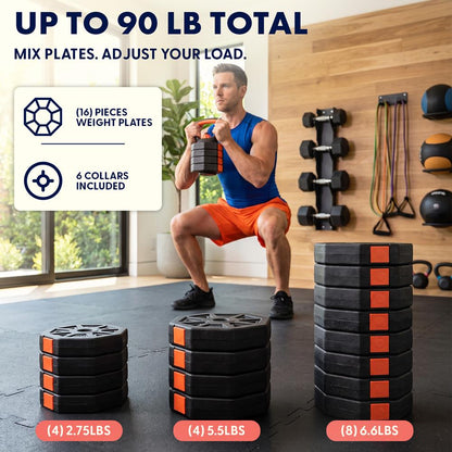 Squatz 4-In-1 Multifunctional 90 Lbs Adjustable Octagon Dumbbell Set With Barbell Connector, Kettlebell Handle, And Push-Up Handles For Home Gym Strength Training (Black And Red)