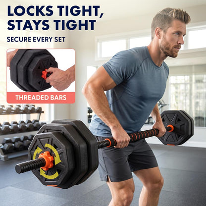 Squatz 4-In-1 Multifunctional 90 Lbs Adjustable Octagon Dumbbell Set With Barbell Connector, Kettlebell Handle, And Push-Up Handles For Home Gym Strength Training (Black And Red)