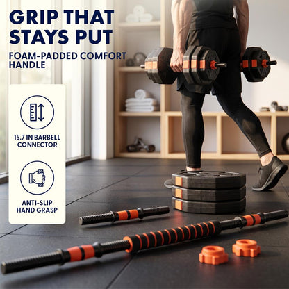 Squatz 4-In-1 Multifunctional 90 Lbs Adjustable Octagon Dumbbell Set With Barbell Connector, Kettlebell Handle, And Push-Up Handles For Home Gym Strength Training (Black And Red)