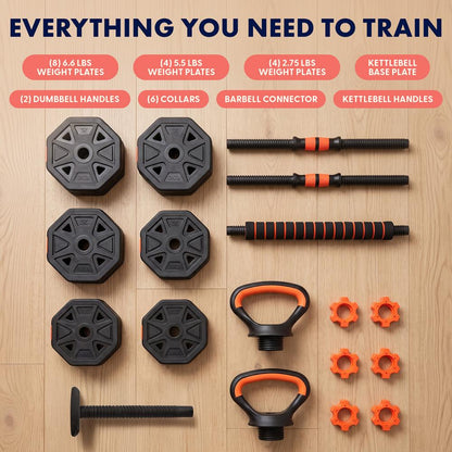 Squatz 4-In-1 Multifunctional 90 Lbs Adjustable Octagon Dumbbell Set With Barbell Connector, Kettlebell Handle, And Push-Up Handles For Home Gym Strength Training (Black And Red)