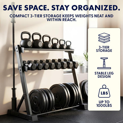 Squatz 3-Tier Dumbbell Rack - Heavy-Duty 3-Tier Dumbbells, Kettlebells, Bars, And Weight Plates Storage Organizer With Anti-Slip Shelves For Home Gym Or Commercial Fitness Use