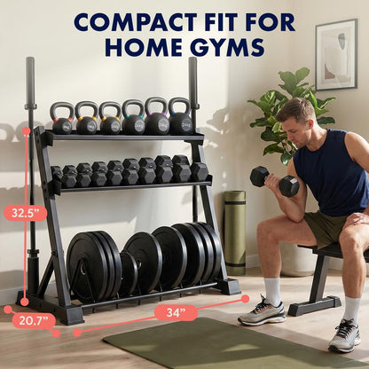 Squatz 3-Tier Dumbbell Rack - Heavy-Duty 3-Tier Dumbbells, Kettlebells, Bars, And Weight Plates Storage Organizer With Anti-Slip Shelves For Home Gym Or Commercial Fitness Use