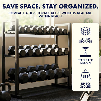 Squatz 3-Tier Dumbbell Rack - Heavy-Duty Adjustable Depth 3-Tier Weight Storage Organizer For Home Gym Or Commercial Fitness Use