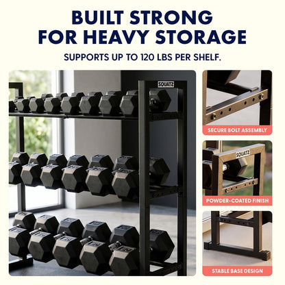 Squatz 3-Tier Dumbbell Rack - Heavy-Duty Adjustable Depth 3-Tier Weight Storage Organizer For Home Gym Or Commercial Fitness Use