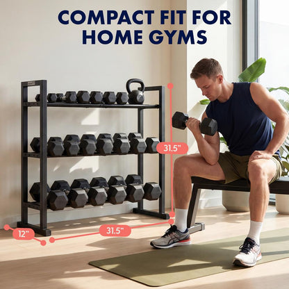 Squatz 3-Tier Dumbbell Rack - Heavy-Duty Adjustable Depth 3-Tier Weight Storage Organizer For Home Gym Or Commercial Fitness Use