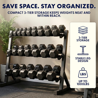 Squatz 3-Tier Dumbbell Rack - Heavy-Duty 3-Tier Weight Storage Organizer With Anti-Slip Shelves For Home Gym Or Commercial Fitness Use