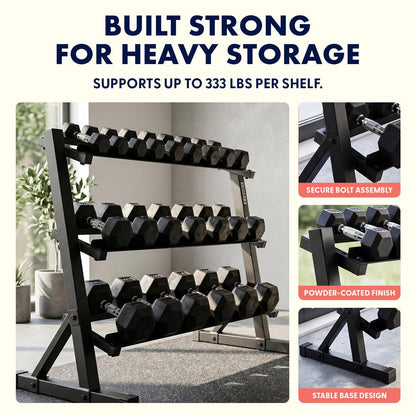 Squatz 3-Tier Dumbbell Rack - Heavy-Duty 3-Tier Weight Storage Organizer With Anti-Slip Shelves For Home Gym Or Commercial Fitness Use