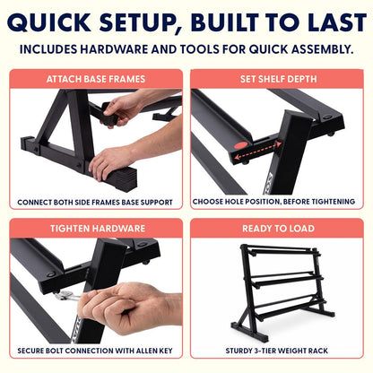 Squatz 3-Tier Dumbbell Rack - Heavy-Duty 3-Tier Weight Storage Organizer With Anti-Slip Shelves For Home Gym Or Commercial Fitness Use
