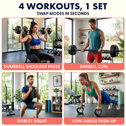 Squatz 4-In-1 Multifunctional 45 Lbs Adjustable Dumbbell Set With  Barbell Connector, Kettlebell Handle And Push-Up Handles For Home Gym Strength Training (Black)